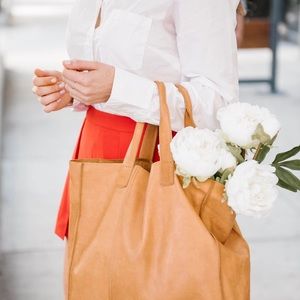 Cognac colored leather tote